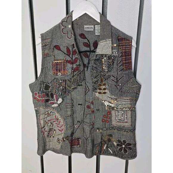 Chico's Embroidered Floral Patchwork Sequins Herringbone Vest Med Artsy Cottage - Picture 1 of 10